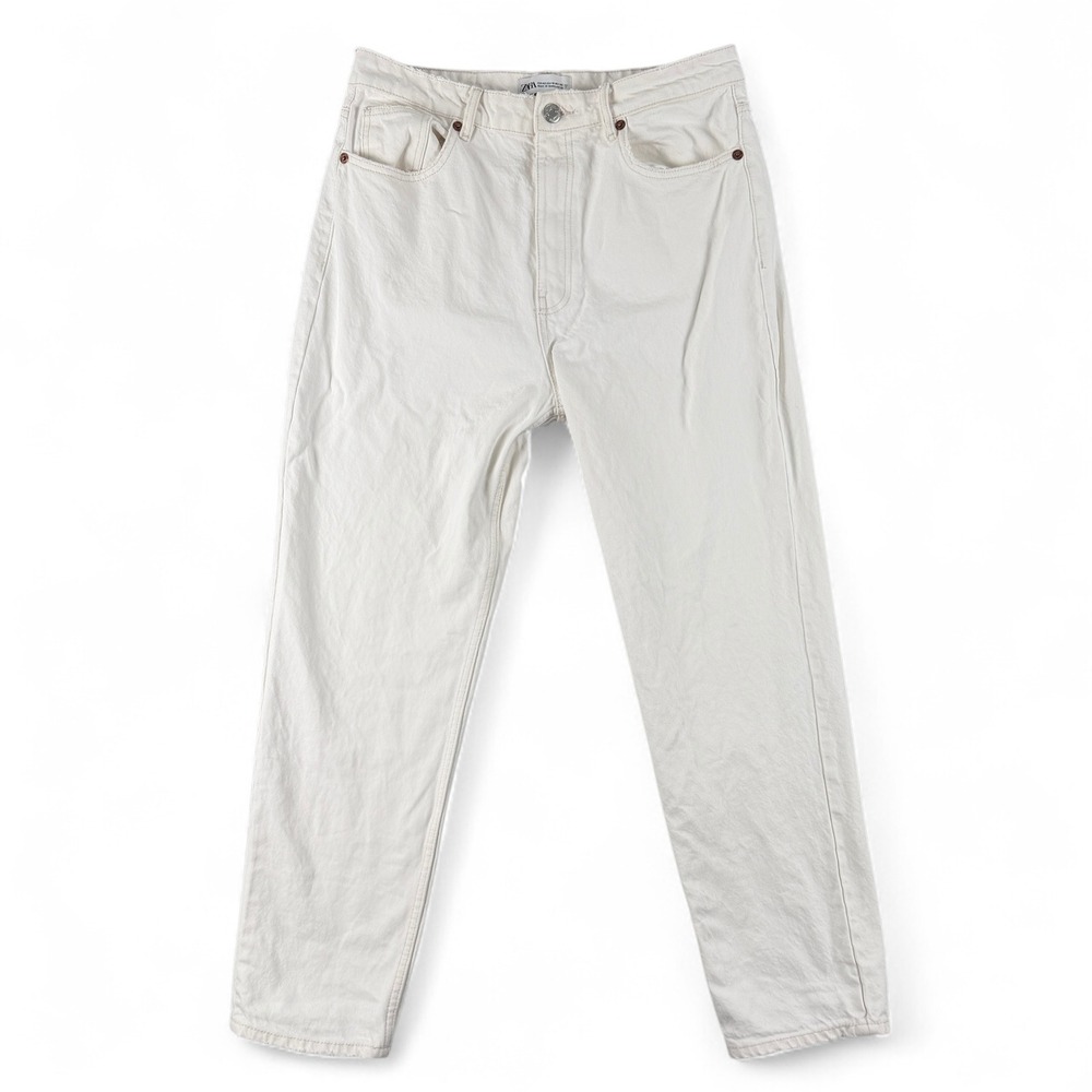 Zara Jeans Womens 10 White Straight Leg High Rise Raw Hem‎ Denim Pants